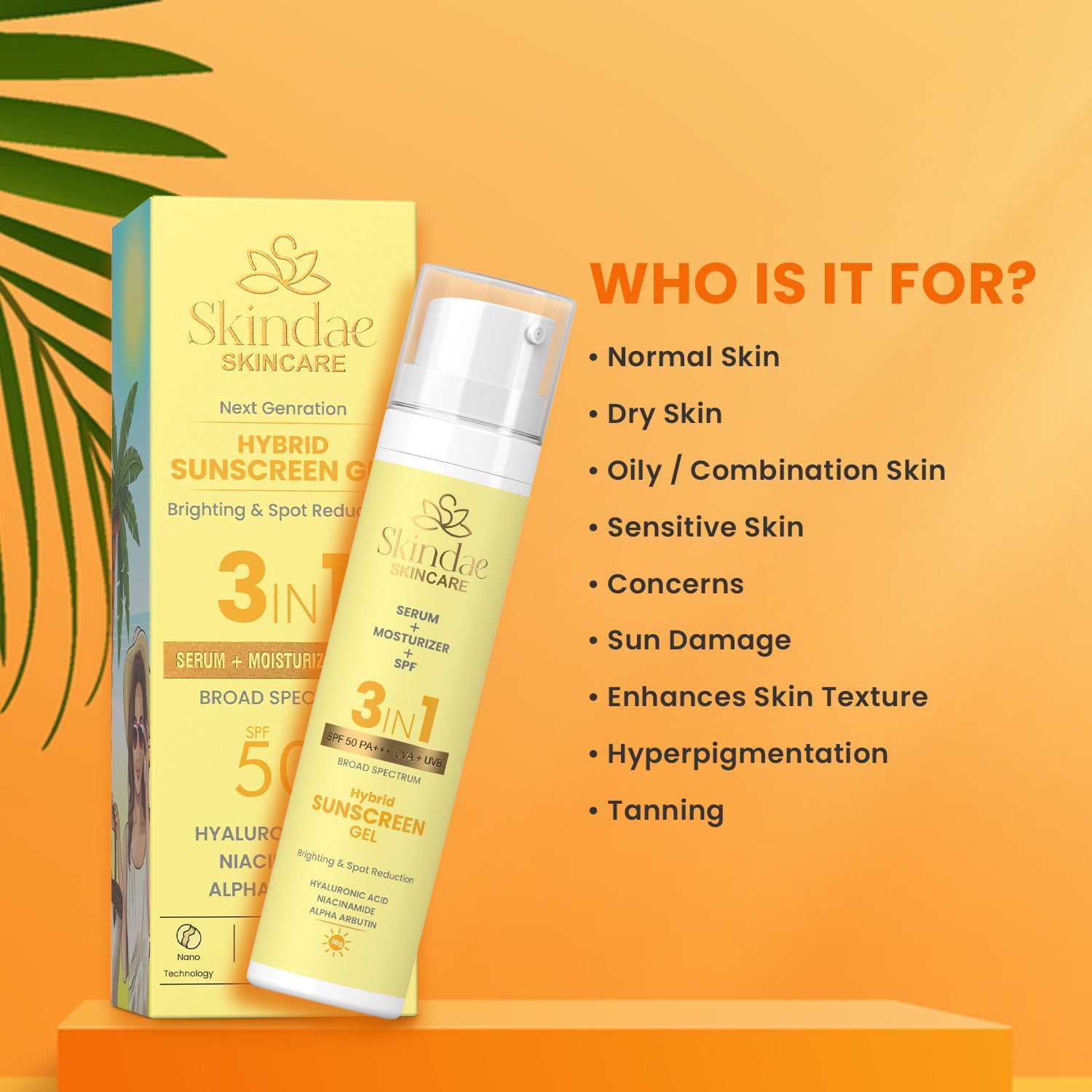 Skindae 3 in 1 Hybrid Sunscreen Gel SPF 50+| PA+++ Brighting & Spot Reduction