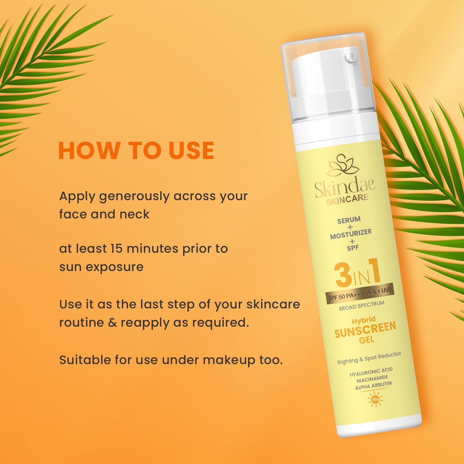 Skindae 3 in 1 Hybrid Sunscreen Gel SPF 50+| PA+++ Brighting & Spot Reduction 50g