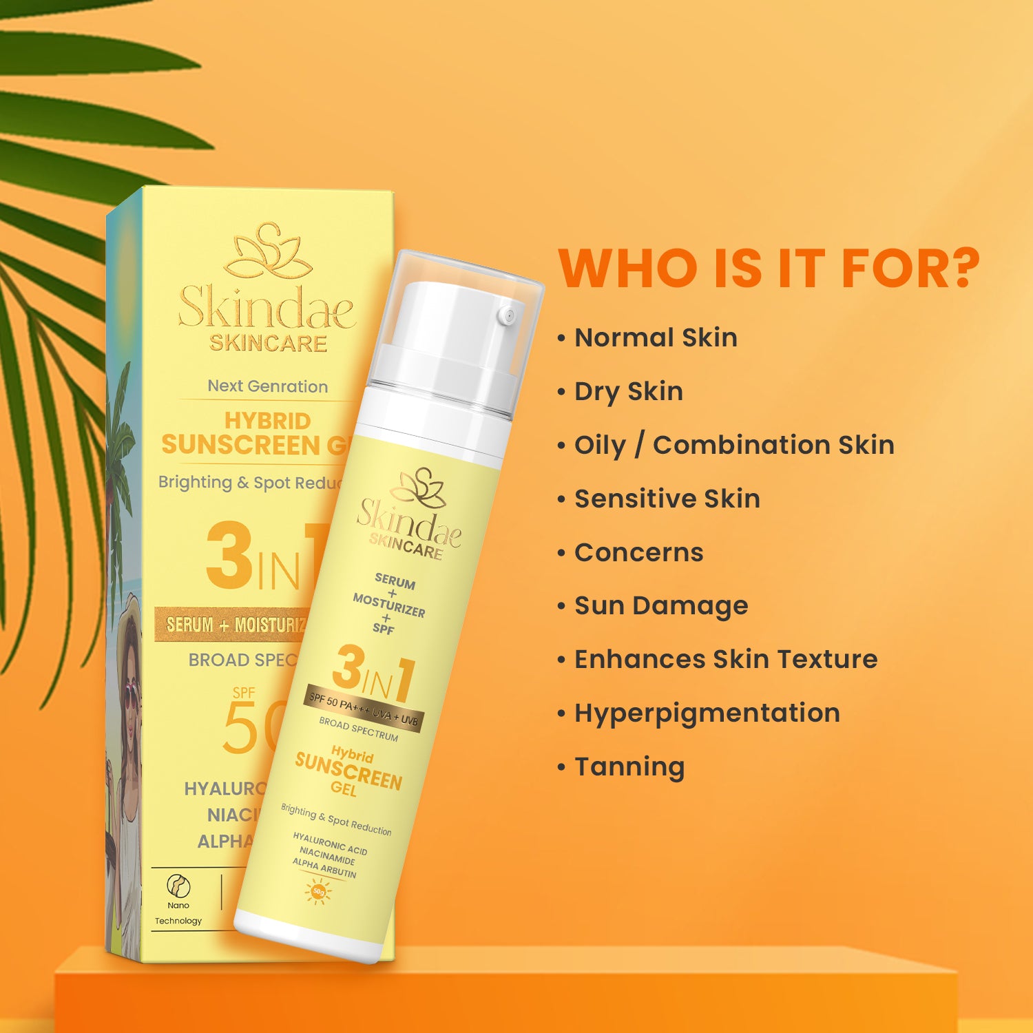 Skindae 3 in 1 Hybrid Sunscreen Gel SPF 50+| PA+++ Brighting & Spot Reduction 50g